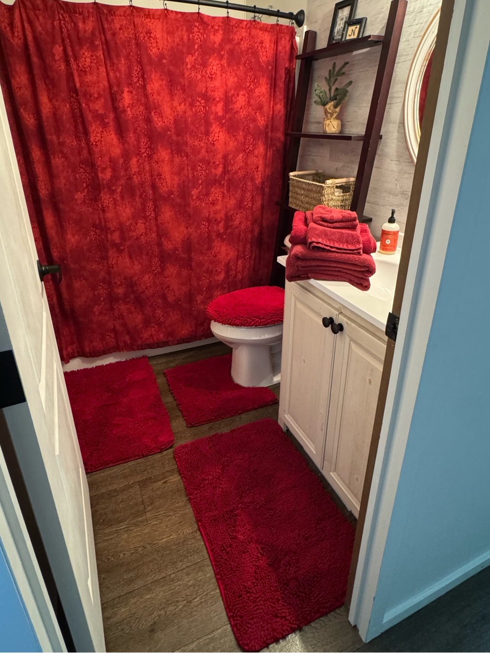 EUC RED tie dye shower curtain w/liner, RED rugs/seat cover and towel set